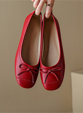 蝴蝶结羊皮小红鞋新款百搭方头软底红色平底女鞋真皮浅口低跟