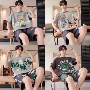 男士睡衣夏季棉薄款情侣短袖短裤卡通套装青年男女学生家居服