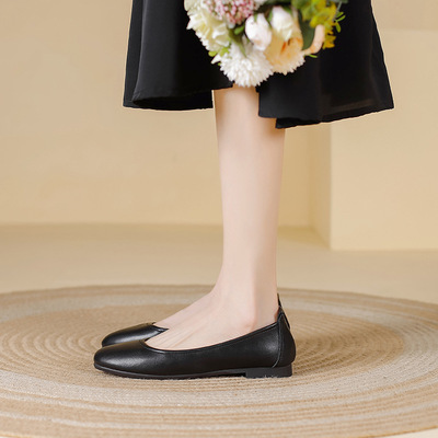 工作鞋女秋冬黑色圆头舒适软底平底鞋久站不累脚小皮鞋上班女