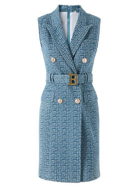 现货夏季新款蓝色无袖马甲裙气质修身提花牛仔西服连衣裙欧美