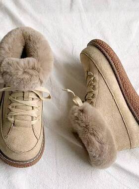 2022新款时尚东北保暖棉鞋女冬季加绒加厚圆系带雪地防滑厚底