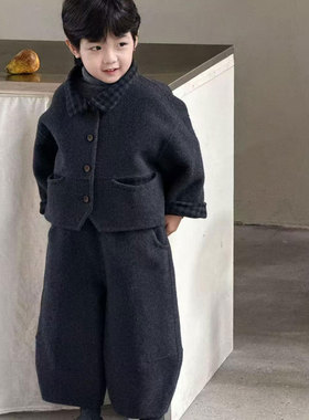 男童秋冬套装儿童2025新款保暖洋气翻领毛呢外套女宝宝百搭长裤潮