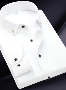 男士长袖衬衫商务职业白色衬衫男款衬衣钻扣纯色衬衫休闲男装