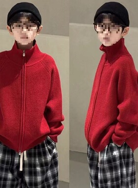 【1001】男童立领针织外套秋冬毛衣2025红色儿童洋气针织拉链衫外