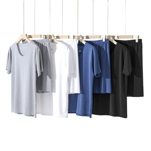 冰丝短袖套装男夏休闲运动速干短裤新男士超薄衣桖睡衣一件