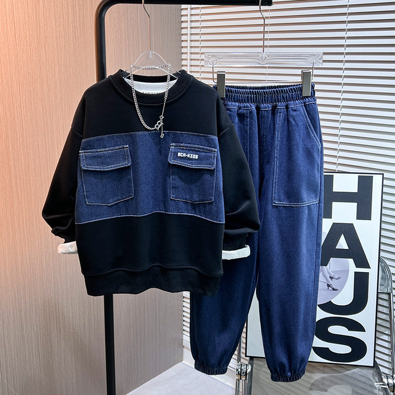 男童春季长袖套装2025新款牛仔拼接休闲衣两件套韩版中大童洋气潮