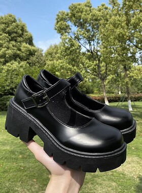 厚底白色圆头玛丽珍单鞋女2023春款复古中高跟日系jk小皮鞋英伦