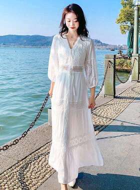 中国风长款复古度假旅游白色连衣裙春秋气质仙女流苏扎染白坯长裙