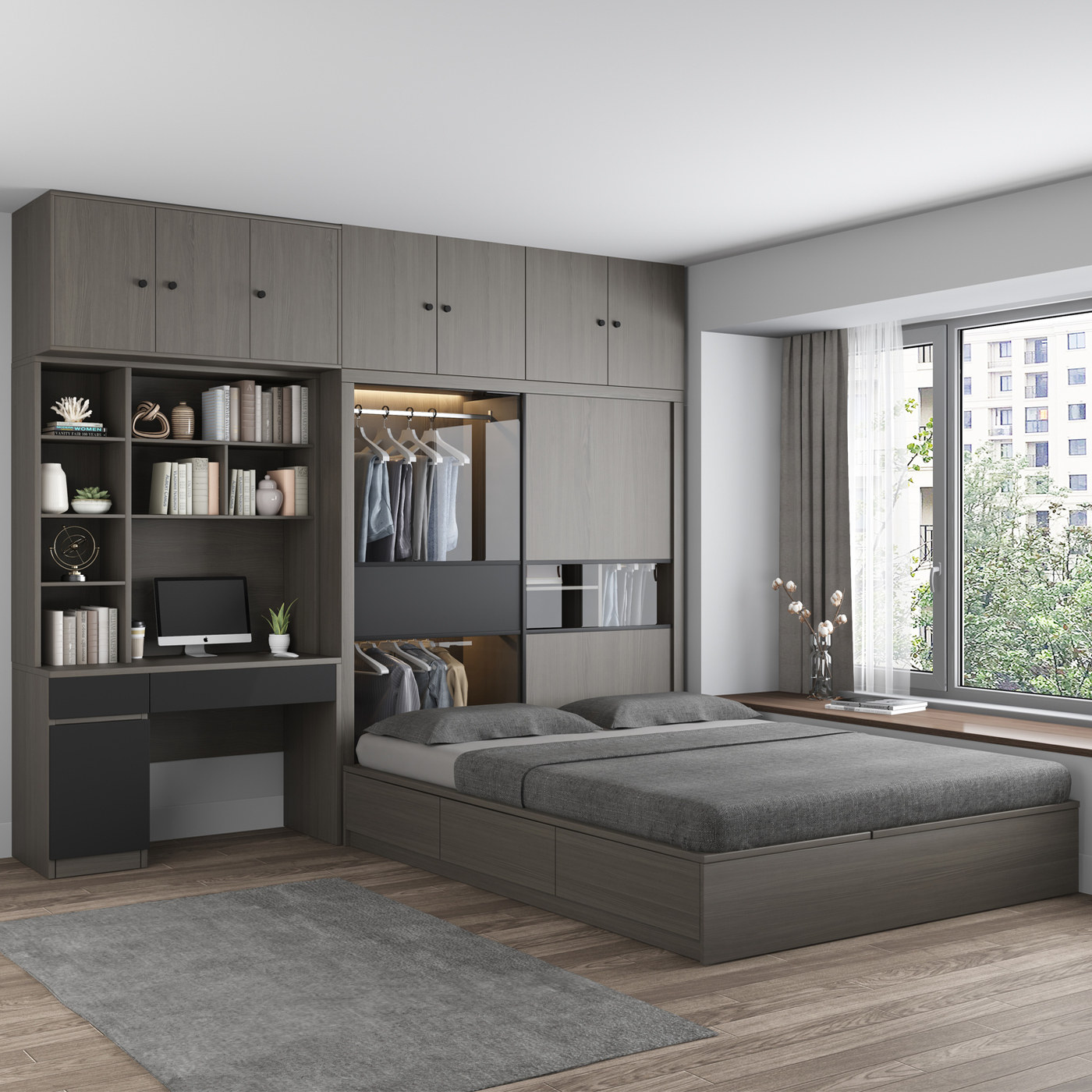 榻榻米衣柜床一体靠墙小户型次卧室组合现代简约全实木儿童储物床