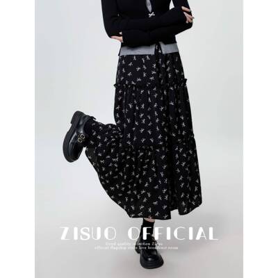 黑色碎花半身裙女春秋2025新款松紧高腰显瘦a字伞裙中长款蛋糕裙