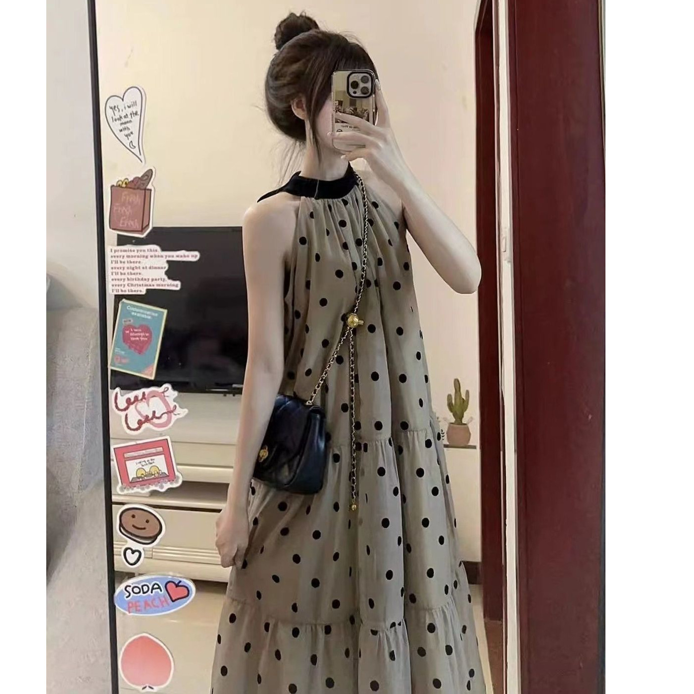 法式挂脖波点连衣裙子女