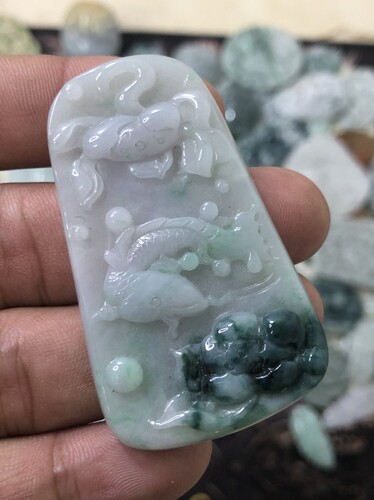 天然缅甸A货翡翠玉器吊坠挂件生肖鱼男女款玉坠荷花鱼