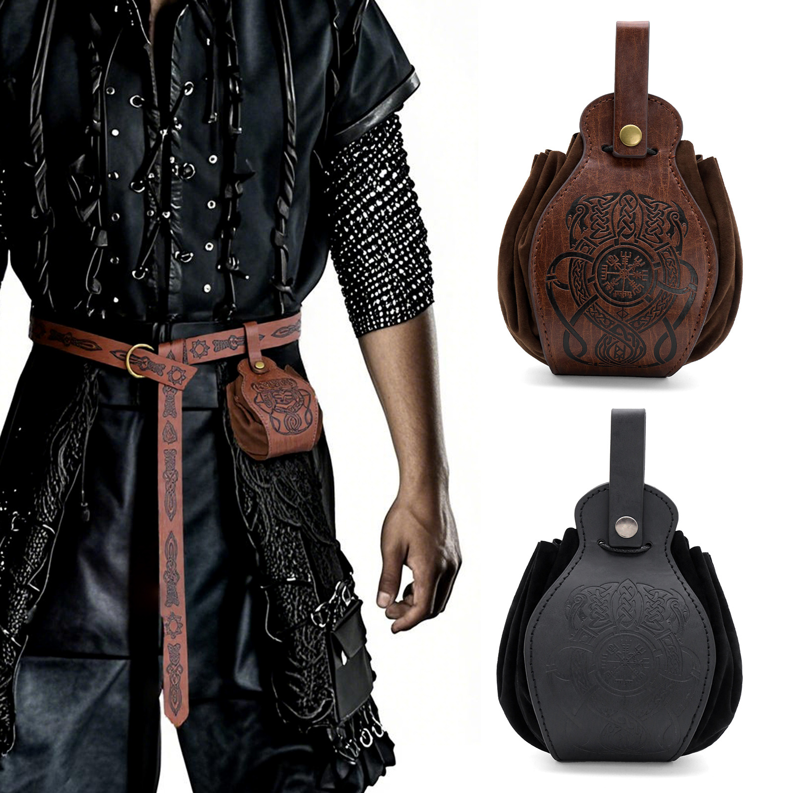 中世纪维京风复古囊袋可挂皮带零钱包万圣节cosplay皮革腰包