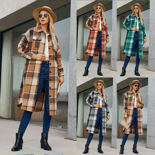 Women long windbreaker jacket breasted pocket vintage coat