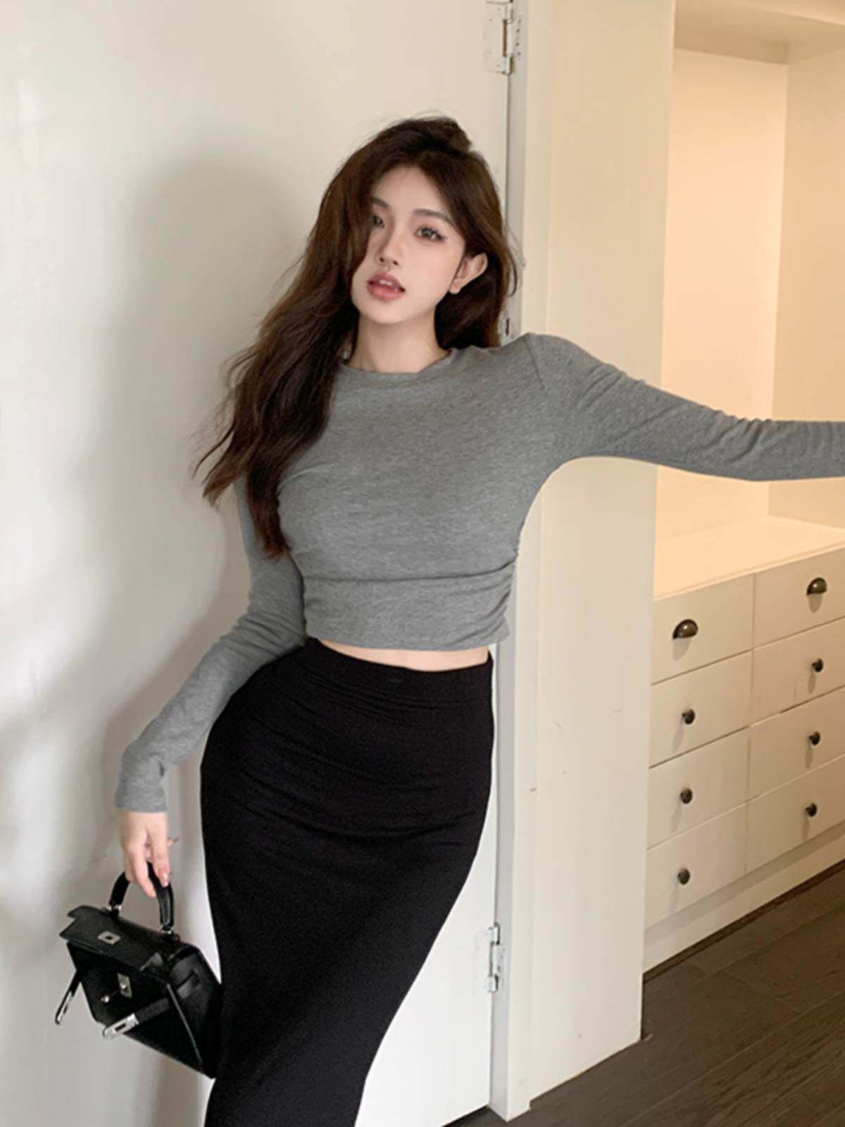 instunning 小高领长袖t恤上衣女优雅气质御姐鱼尾半身裙子两件套