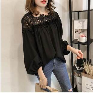 欧美风春季新款女装钩花镂空蕾丝拼接长袖雪纺衬衫Chiffon shirt