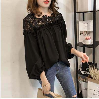 欧美风春季新款女装钩花镂空蕾丝拼接长袖雪纺衬衫Chiffon shirt