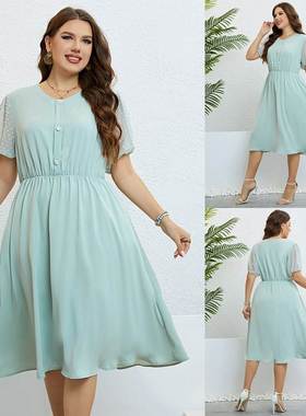 plus size summer dresses women 夏季淡绿色圆领收腰显瘦连衣裙