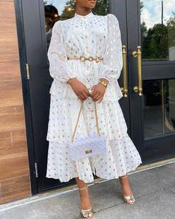 欧美白色印花连衣裙 Long Sleeve Chiffon Dress Women No Belt