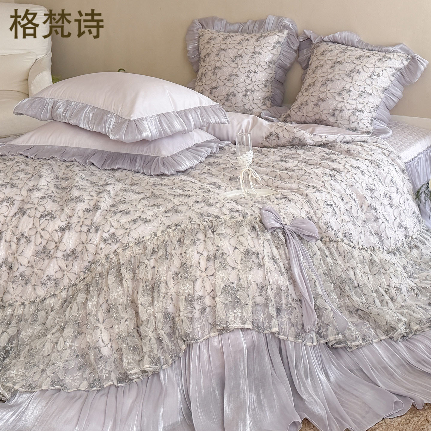 法式公主风重工蕾丝长绒棉四件套