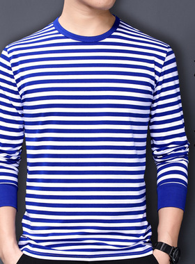 经典国货海魂衫长袖T恤男士加肥加大码爸爸装棉质蓝色条纹打底衫