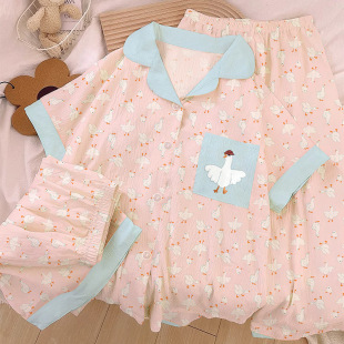 夏季 ins风大白鹅满印睡衣女款 云朵棉高级感家居服三件套实拍
