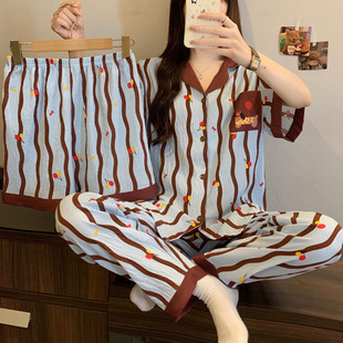 短袖 高颜值拼色条纹云朵棉睡衣女夏季 三件套可爱腊肠狗家居服