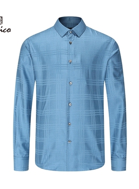 【100%桑蚕丝】Lavico/朗维高男士长衬浅蓝色格纹商务长袖衬衫