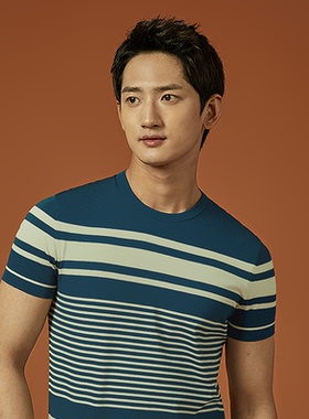 【商场同款】Lavico/朗维高男士蓝色条纹新商务圆领短袖针织衫T恤