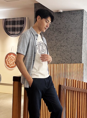 【商场同款】Lavico/朗维高男士短衬浅蓝色格纹时尚修身短袖衬衫