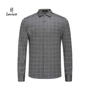 含桑蚕丝羊绒翻领长袖 Lavico 衬衫 商务格纹长袖 T恤 朗维高男士