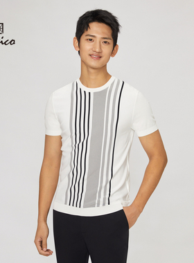 【特价清仓】Lavico/朗维高男装时尚款条纹常规圆领短袖针织衫男