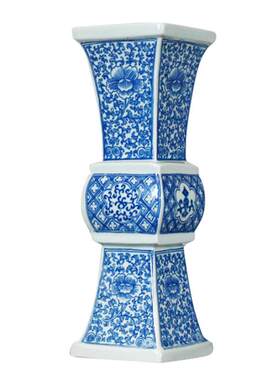 景德镇陶瓷新中式手绘青花缠连枝四方鼎形花瓶家居饰品