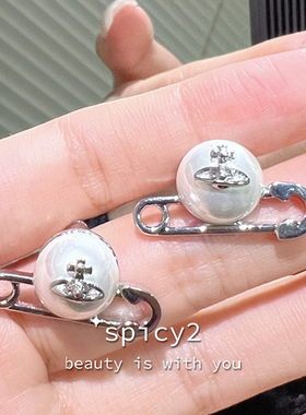 spicy2 小众复古别针珍珠西太后土星耳钉韦雪同款贵气精致耳饰潮