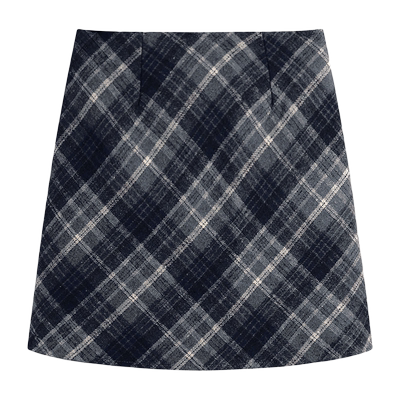 大码复古格纹毛呢包臀短裙