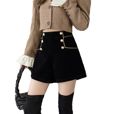 大码高腰金丝绒遮肉a字阔腿短裤