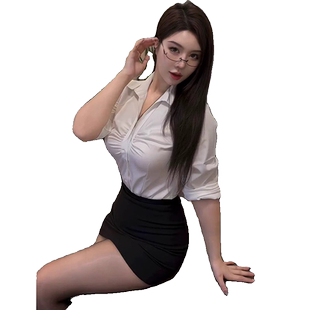 性感v领职业时尚套装裙女春夏大码纯欲收腰白衬衫修身显瘦OL制服