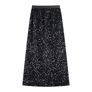 设计感亮片开叉长裙女春秋胖mm大码亮闪闪高腰显瘦包臀a字半身裙