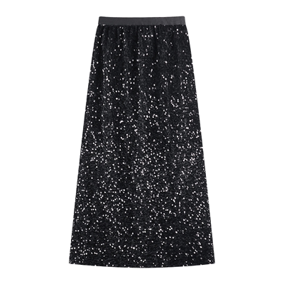 大码设计感亮片开叉长裙女半身裙