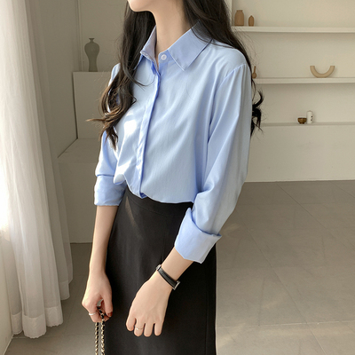 蓝色宽松百搭风胖mm打底长袖衬衫