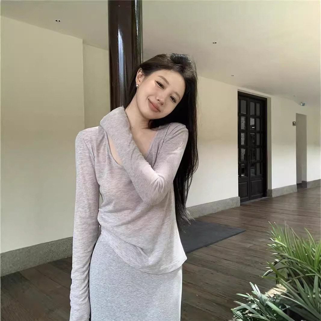 休闲套装女百搭长袖T恤夏季慵懒高腰显瘦包臀半身长裙两件套