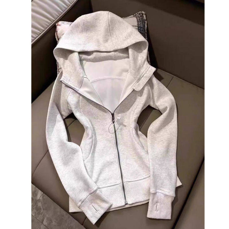 简约修身卫衣外套女春秋季穿百搭正肩收腰紧身运动开衫连帽上衣