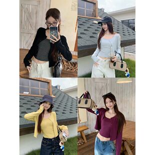 女秋季 时尚 开衫 纯色气质长袖 内搭显瘦吊带背心两件套 套装