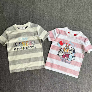 外贸日单B鲁伊儿童夏季纯棉条纹短袖T恤衫卡通动漫百搭休闲