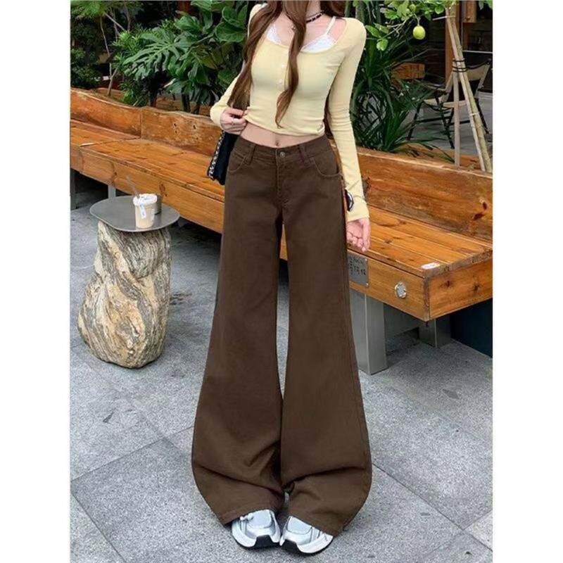 美式棕咖色微喇牛仔裤女2025秋冬加绒低腰不贴腿宽松小个子喇叭裤