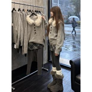 亨利领灰色连帽毛领针织毛衣女秋冬修身可外穿内搭高级感毛线上衣