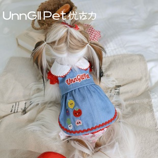 UnnGllPet优古力原创秋冬水果蔬菜刺绣牛仔背带裙宠物狗狗衣服
