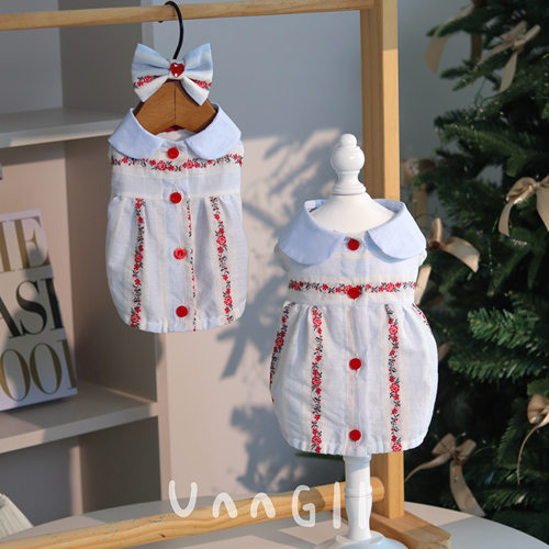 UnnGll朱古力原创夏海盐玫瑰连衣裙圆领花朵狗狗宠物衣服马尔济斯