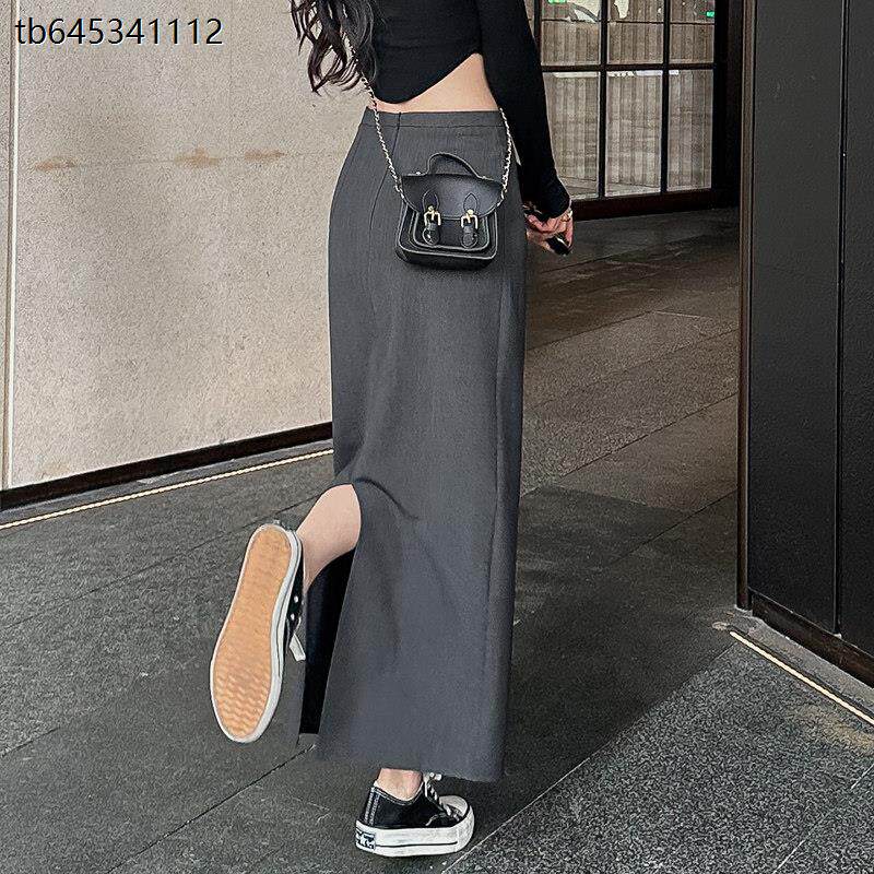 灰色西装垂感半身裙长裙女春夏黑色直筒裙高腰显瘦长版后开 叉裙
