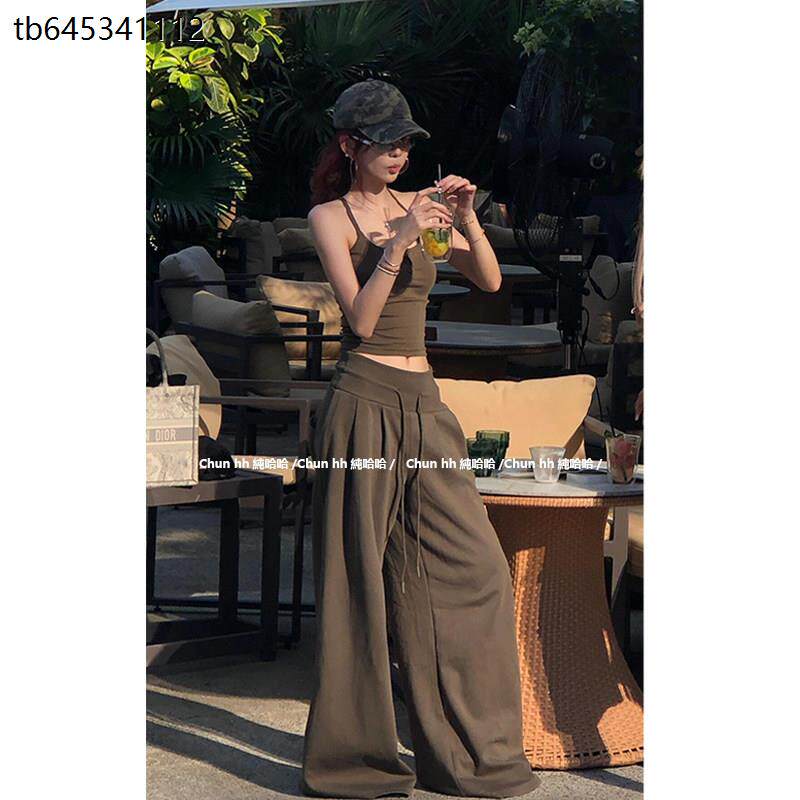 法式美拉德老钱风辣妹套装女夏棕色吊带背心休闲宽松阔腿裤一整套